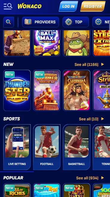 Wonaco mobile casino lobby with pokies and live games on a smartphone screen