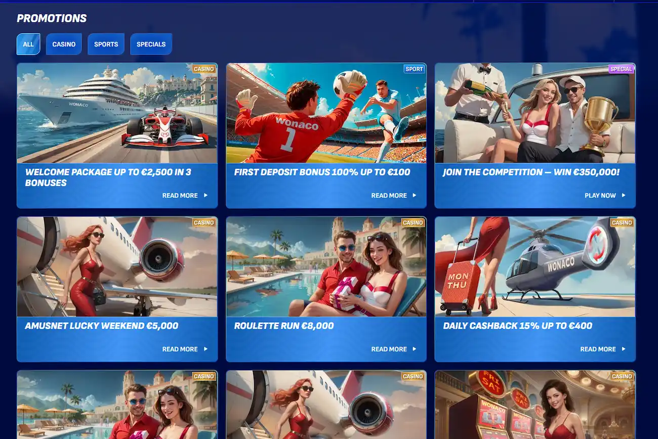 Wonaco welcome bonus and free spins promotions screen for Australian players