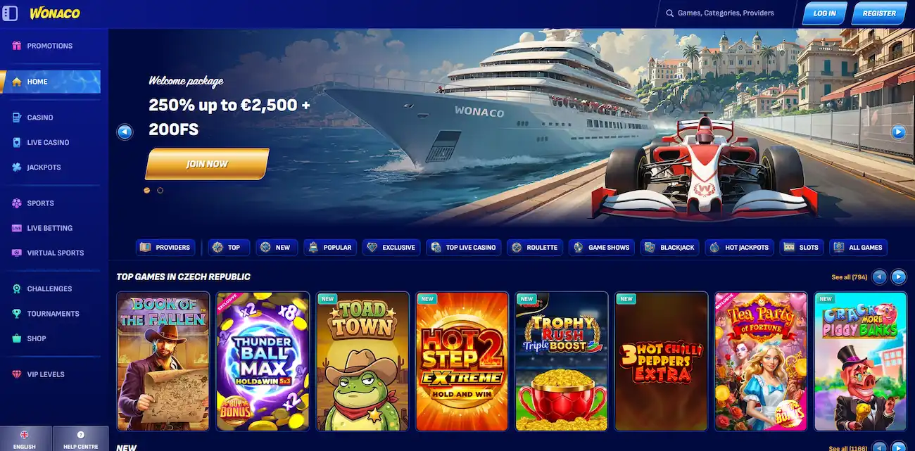 Wonaco online casino homepage with pokies, live casino and sportsbook menu