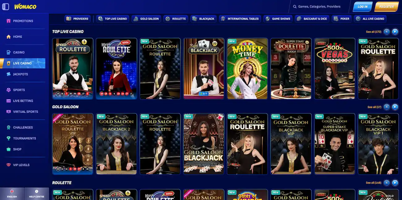 Wonaco live casino studio with dealer tables streamed in real time