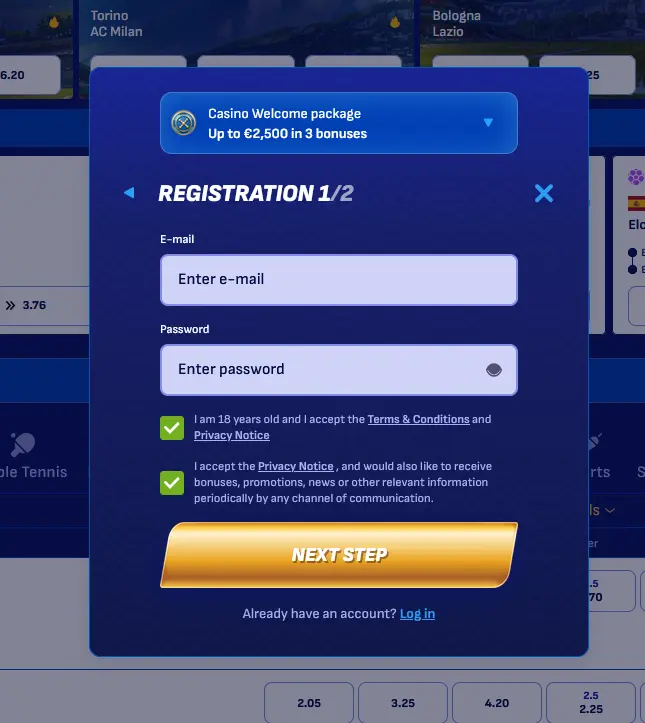 Wonaco registration form for creating a new player account